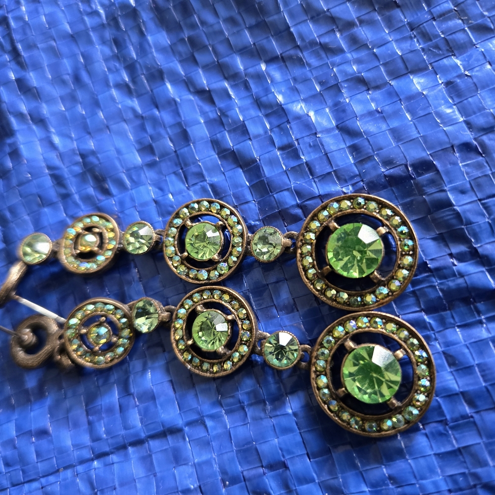 Green and Gold Drop Earrings with Intricate Design